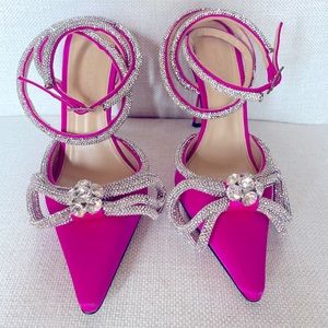 MACH & MACH Crystal Double Bow Fushia Satin Pumps. Size 36